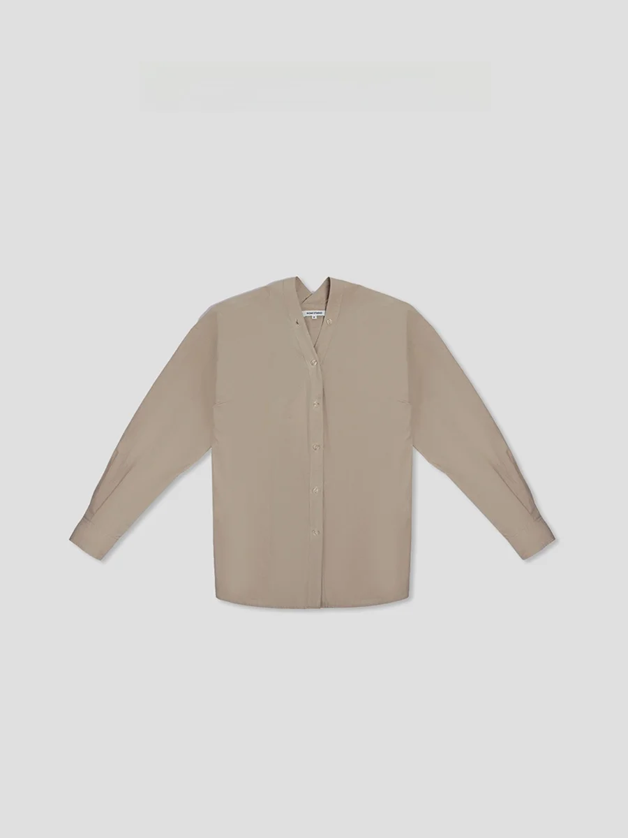 

Romi Studio High-End Casual Luxury Plain Color Light Khaki V-Ne irt Straight Cut Long Sve Cotton Women's Faion