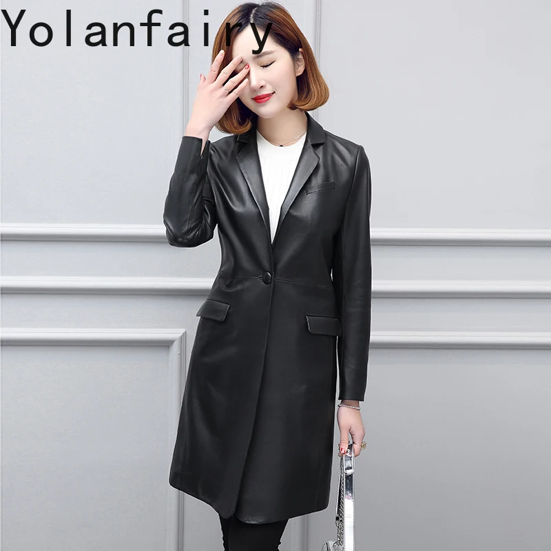 YOLANFAIRY Real Sheepskin Leather Trench Coat Women Spring Autumn Mid-length Genuine Leather Jacket Woman Suit Collar Slim Coats