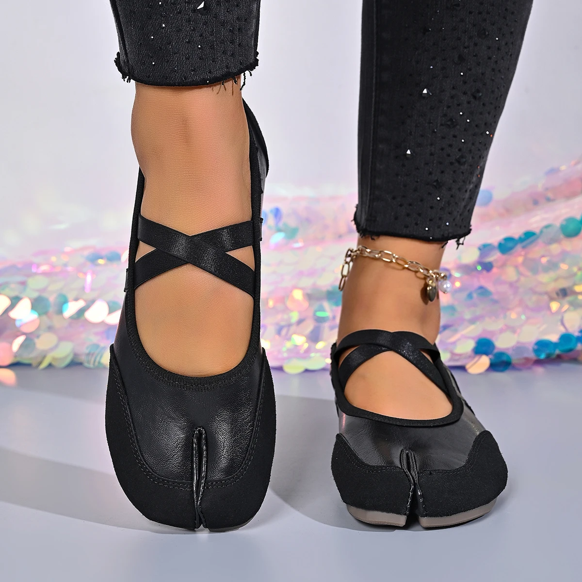 Schwarze, silberne, rote Ballettschuhe, Damen-Split-Toe-Ballerina-Tabi-Sneaker, Mary-Jane-Schuhe, Sommerschuhe – Detail 2