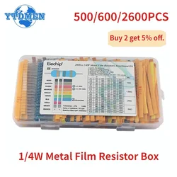 Kit de resistencias 1R ~ 10M 1/4W 0,25 W Kit surtido de resistencias de película metálica, caja de resistencias electrónicas DIY 500/600/2600 Uds 1% de resistencia