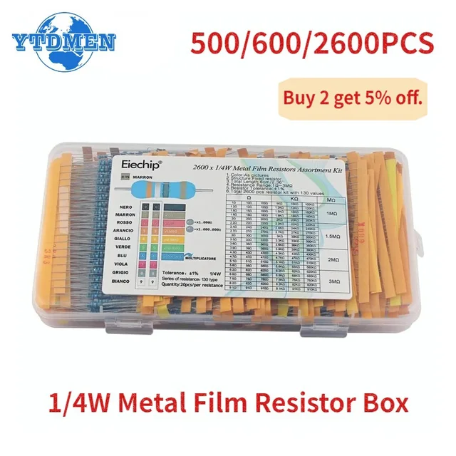 Zestaw rezystorów 1R ~ 10M 1/4W 0,25W Zestaw rezystorów z folii metalowej, DIY Pudełko na rezystory elektroniczne 500/600/2600szt 1% rezystancji