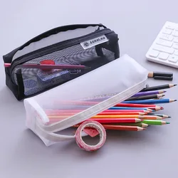 Boys Girls Mesh Pencil Case Simple Transparent Mesh Document Bag Zipper Stationery Bag Nylon Mesh Bag School Office Supplies