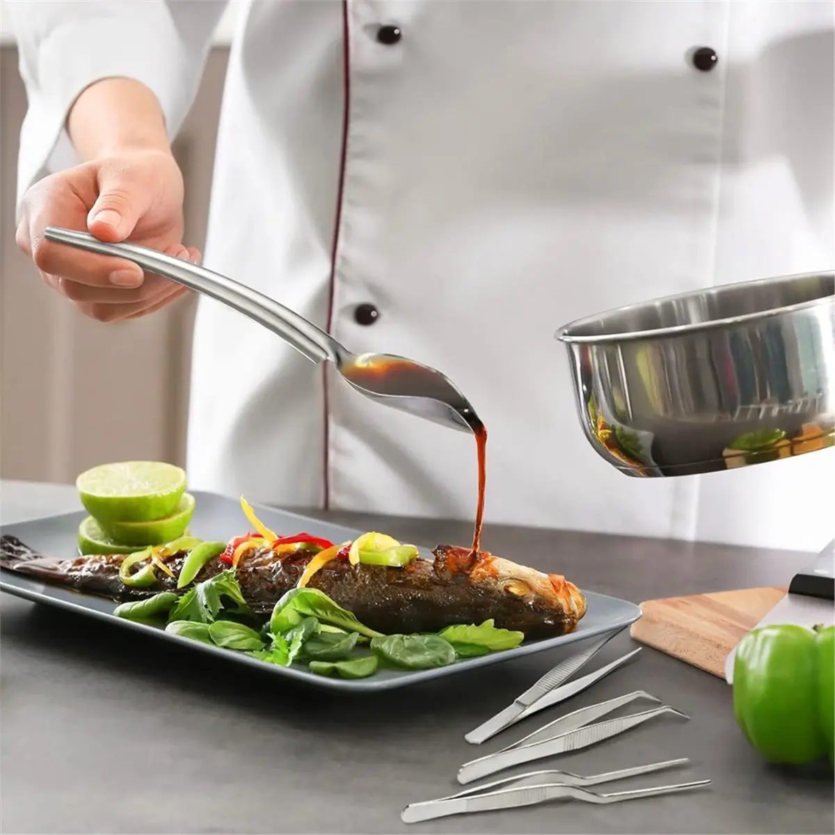 2026 Trend 12 Pcs Chef Plating Tools Plating Drizzle Spoons Cooking Tweezers Culinary Stainless Steel Drawing Spoons