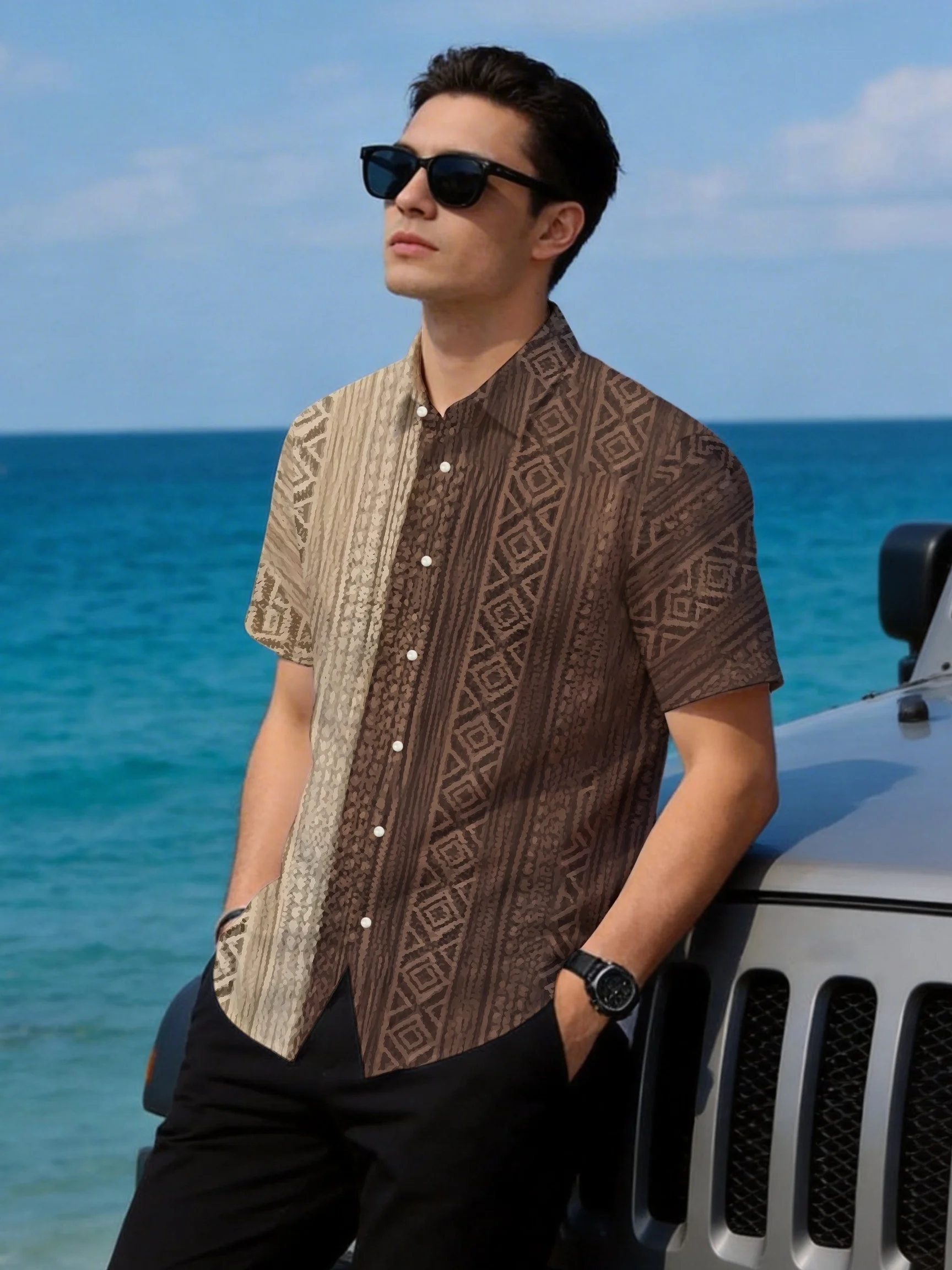Men's Shirt Short Sleeve Ethnic Geometric Spliced Print Turn Down Collar Button Loose Casual Beach Holiday Top Men Clothes