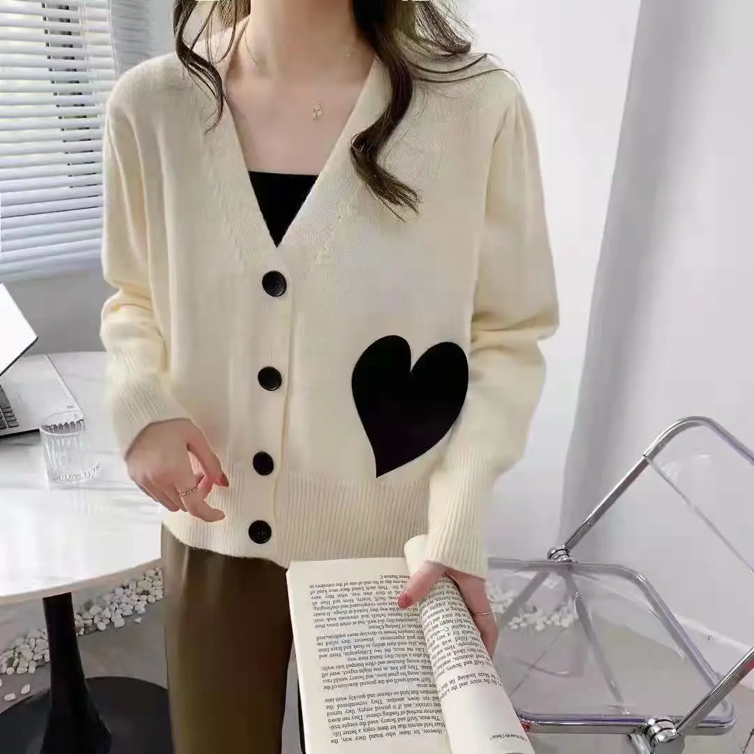 2022 V Neck Sweater Cardigans Spring Chic Love Decoration Loose Knitcoat Long Sleeve Short Knitted Cardigan Roupa Feminino