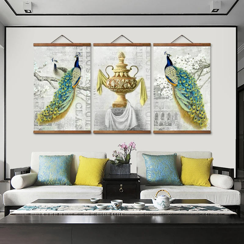 

Настенные художественные постеры AS3061 в китайском стиле с павлином, постеры на холсте, китайские картины из массива дерева с прокруткой