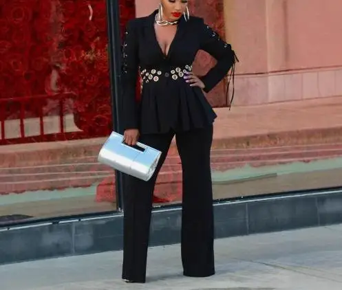 

Сплошной цвет, элегантный пиджак с полыми пуговицами и прямыми брюками с высокой талией, осенний женский комплект для поездок на работу