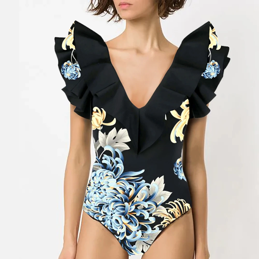

Chrysanthemum Print Ruffle One Piece Swimsuit And Cover Up Summer Beach Floral Tie Dye Lace Swiming Suit 2023 Luxury