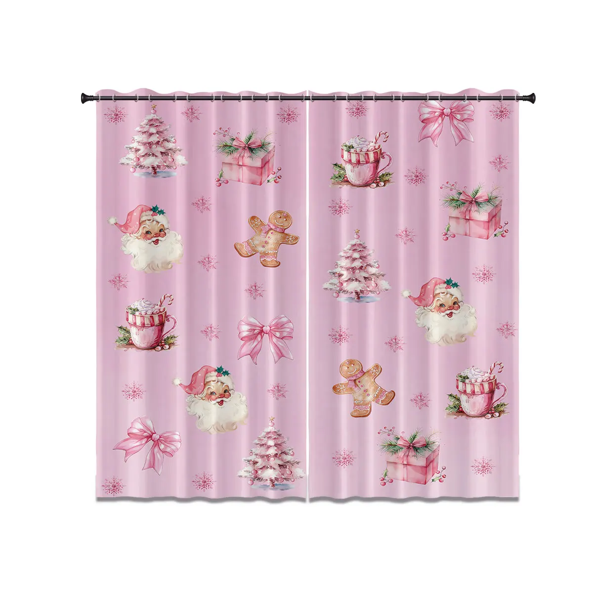 2pcs pink romantic Santa Claus element print blackout curtains, multi size living room bedroom insulation, holiday decoration