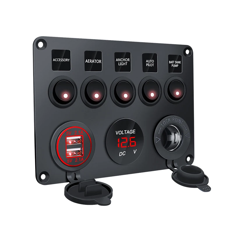 Camper Van RV Boat Switch Panel 5 Gang 12V LED Motorboat Car Switch Waterproof Flame Retardant Dual USB Charger Voltmeter Outlet