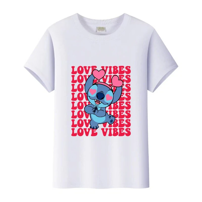 

Блузки для пар с героями мультфильмов Disney Stitch Love, футболка с круглым вырезом для мальчиков и девочек, летние топы в стиле Харадзюку, мужская футболка, женская семейная одежда, детские футболки