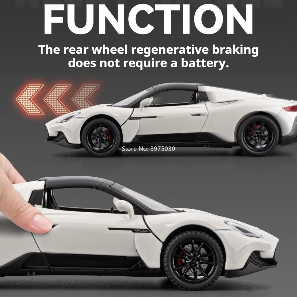 1:32 MC20 車のおもちゃ 合金ダイキャストモデル プルバック式スポーツカーモデル ライトミュージック付き ミニチュア車両 オフィスデスク飾り