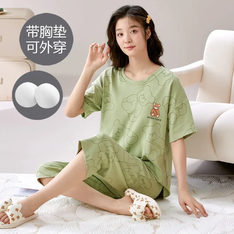 

2 Pieces Set Pajmas Summer Cotton Women Pyjamas Home Wear with Bra Pads Casual Sleepwear Suit Femme Pijamas Dropship