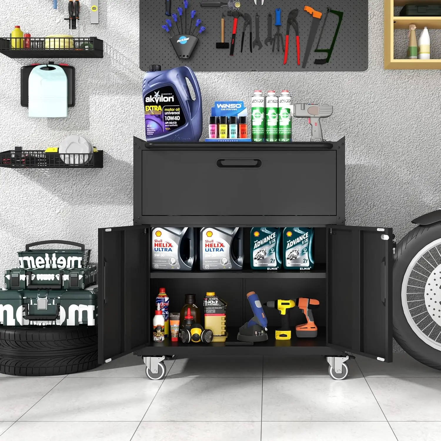 

Metal Storage Cabinet with Wheels, Lockable Garage Storage Cabinet with 2 Doors and 1 Drawer, Rolling Tool Cabinet,Customized