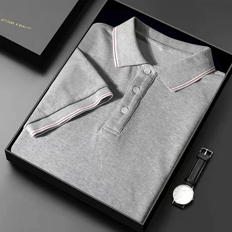 Men's Grey Collared Polo Shirt Short Sleeve Pure Color Striped Buttoned Spring Summer Business Casual Top for Everyday Use