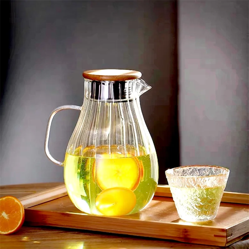Large-capacity Glass Vertical Stripes Cold Kettle Lemon Beverage Juice Drink Bottle High Temperature Resistance Home Tea Pot