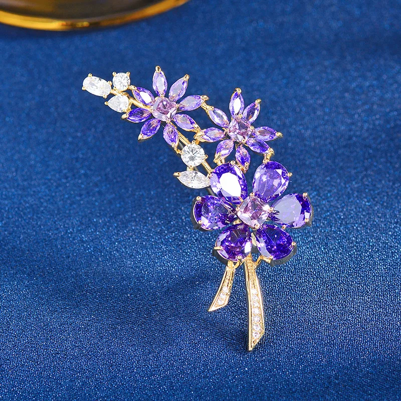 Summer New Elegant Vintage Cubic Zirconia Purple Flower Brooches for Women Luxury Design Corsage Accessories Dress Pins Gift