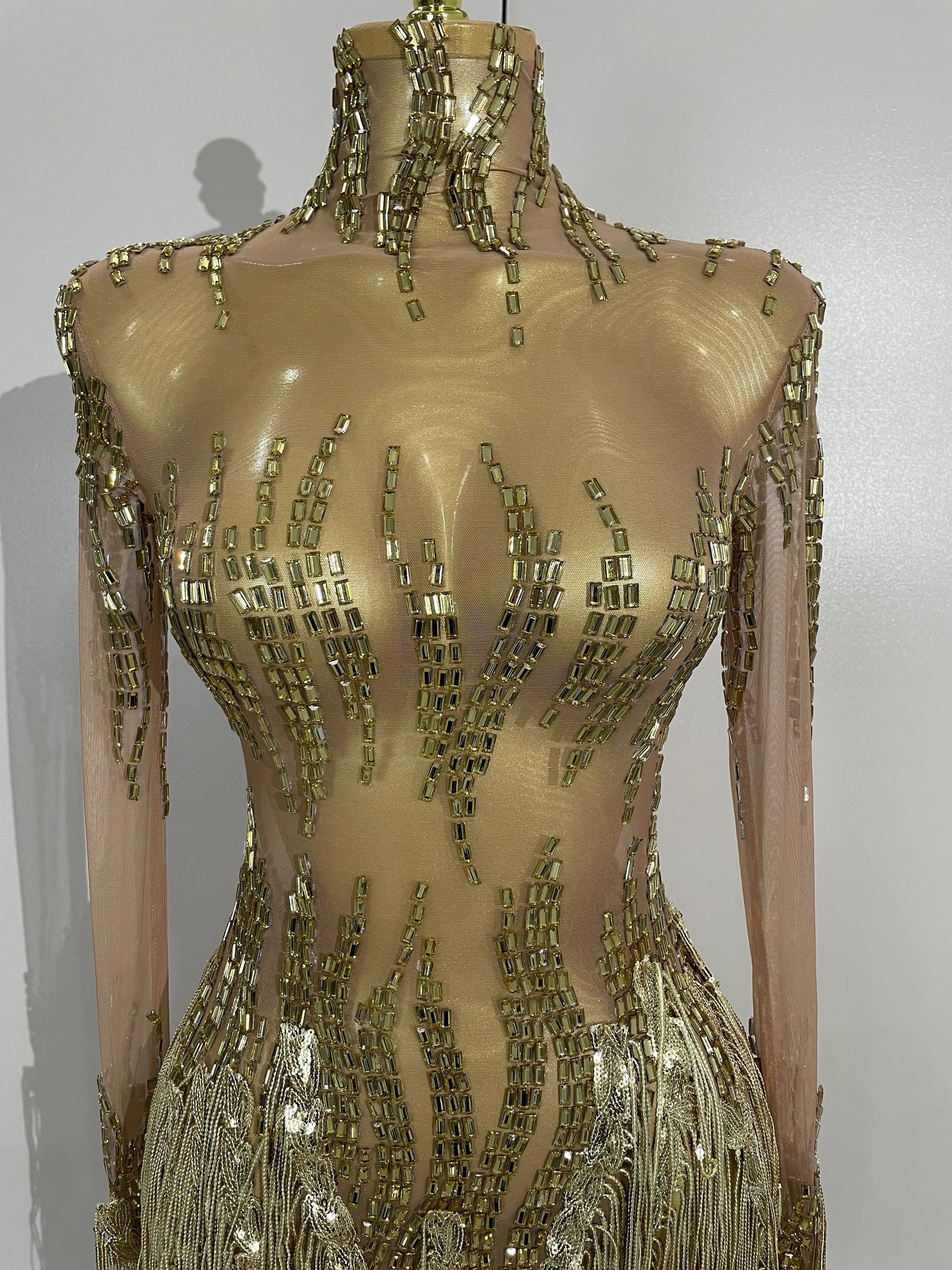 

STOCK Sexy Stage Outfit Sparkly Rhinestone Golden Sequins Tassel Mesh Dress Evening Party Birthday Nightclub Bar DJ Dancer Wear