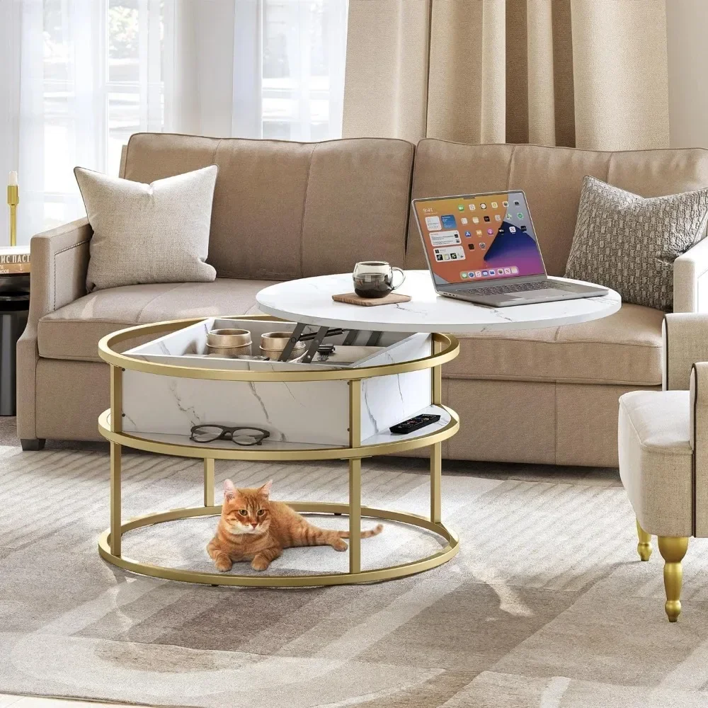 XMSJ Coffee Table Round Lift Table, Living Room Marble with Storage, with Storage Cabinets, for Home Office, Round, White