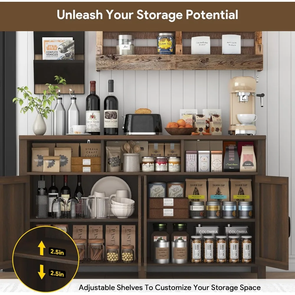 Large Farmhouse Style Buffet Sideboard with 4 Doors and Ample Storage for Kitchen and Coffee Bar