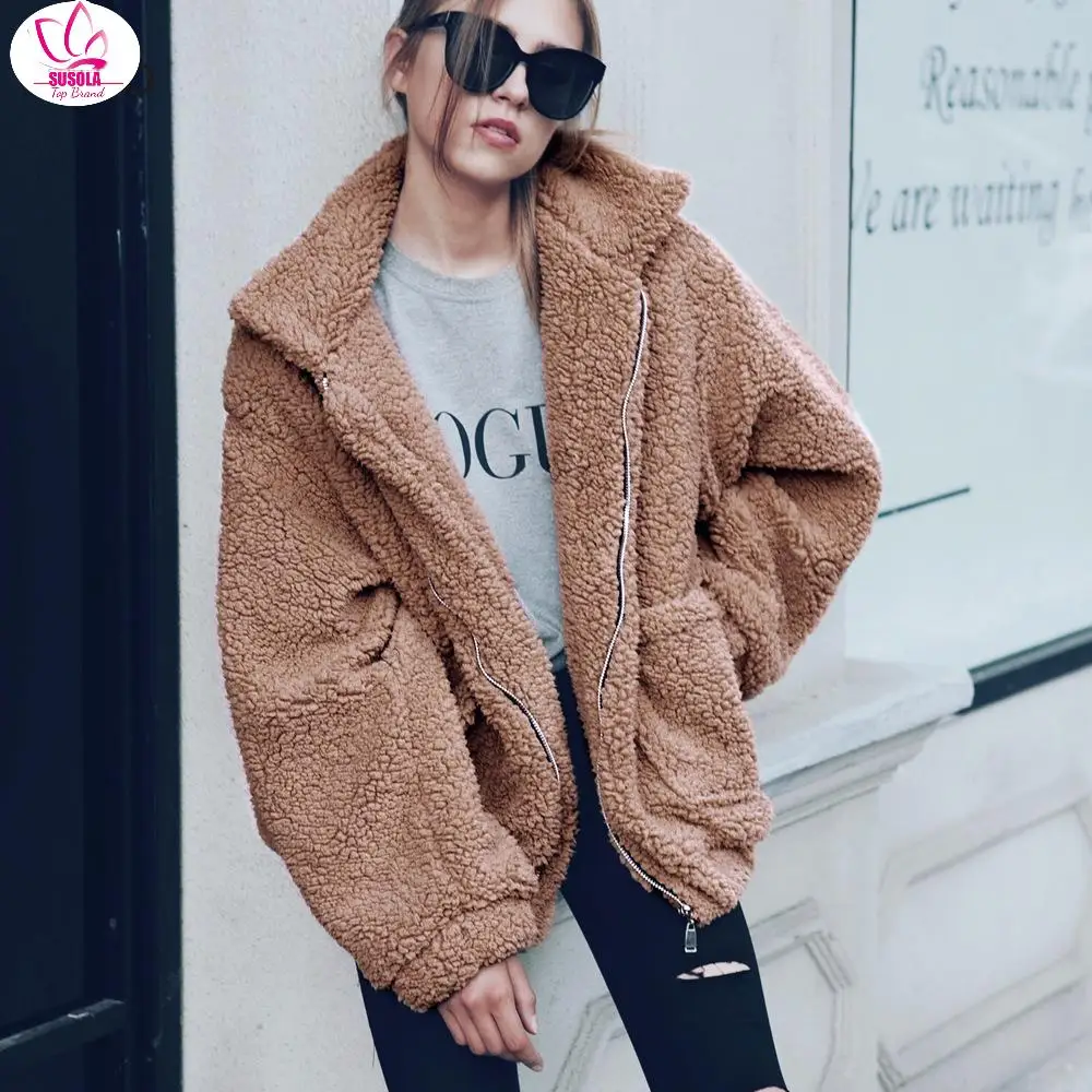 

SUSOLA Warm Winter Faux Fur Coat Women Trend Turn Down Collar Zipper Jacket Outwear Coats Ladies Female Fur Coat Outerwear