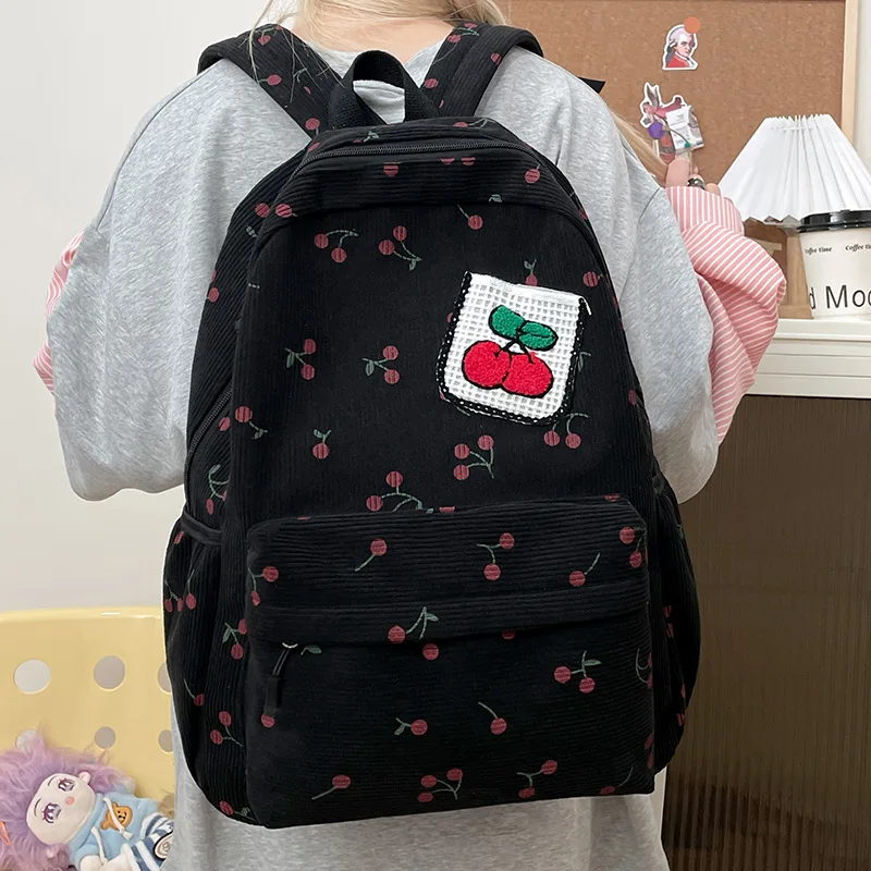

Japanese Korean Backpacks Cherry Black Pink White Rucksack Lightweight Casual Laptop Bag For Women Teenager School Book Bag