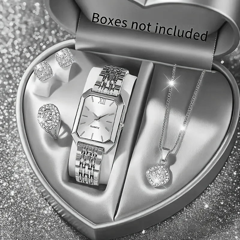 5PCS Womens Elegant Rectangle Rhinestone Quartz Watch Jewelry Set Fashion Women Watches Reloj Mujer Girl Clock Gift（Without Box） image 3