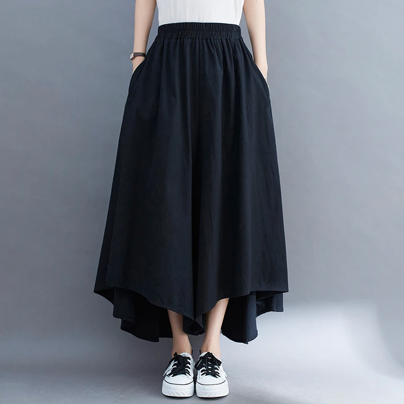 Summer 2025 Women's Loose Wide Leg Pants Cotton Linen High Waist Asymmetric Casual Trousers Nine Points Slimming Skirt Pants