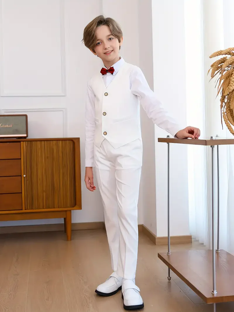 Boys White 5Pieces/Set Jacket Vest Pants Bowtie+Pocket Cloth Wedding Suit Children Birthday Party Dress Kids Performance Costume 4