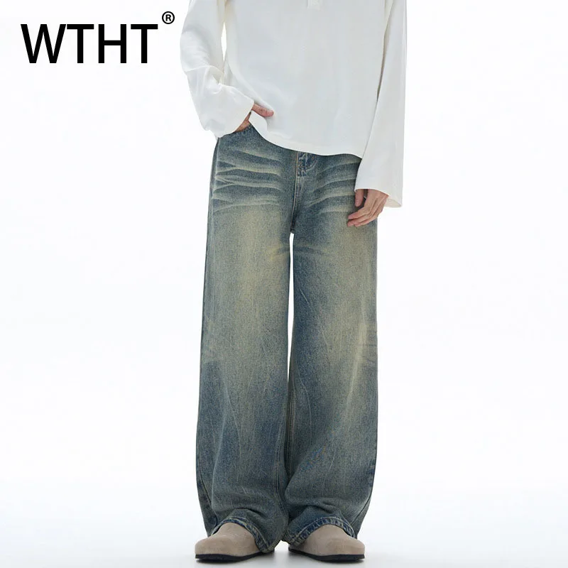 WTHT موضة الرجال التدرج تفعل القديم شارع العليا الدنيم السراويل خمر النمط الأمريكي واسعة الساق فضفاض الجينز الذكور 2025 الخريف 2A2322 #1