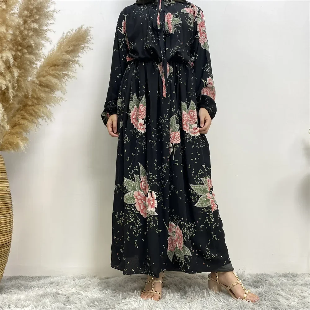 

Long Sleeve Elastic Waist Abayas Large Size Chiffon Floral Printed Muslim Dress Dubai Turkey Holiday Maxi Robe Kaftan Vestidos