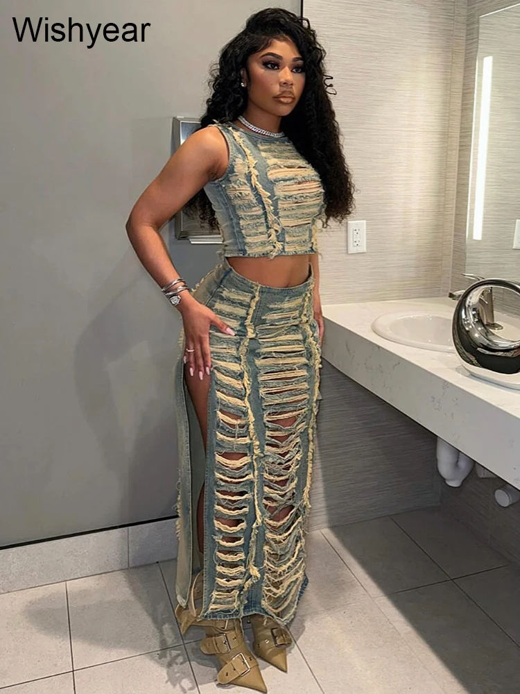 Elegant Ripped Hole Denim Two 2 Piece Dress Set Women Sleeveless Crop Tank Tops and Split Side Maxi Skirt Streetwear Outfits