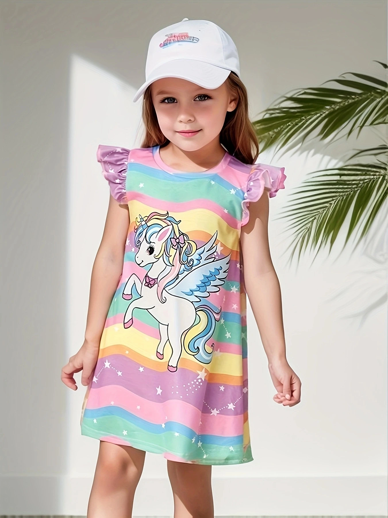 Abito da ragazza estivo Nuovo bambino Moda T-shirt carina Abito da bambino alla moda con maniche volanti piccole Abito a trapezio