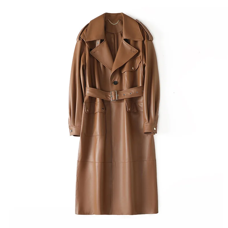 2025 Herbst-Trenchcoat aus 100 % echtem Leder, stilvoll, großes Revers, Silhouette, Schaffell, lange, tiefe Schulter, Schnür-Trench-Outwear