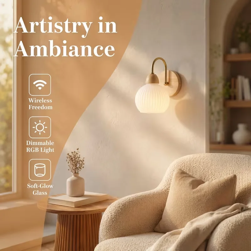Cordless Wall Sconces with Rechargeable LED Bulbs RGB Colors USB-C Rechargeable Bulb Wireless Freedom and 3 Color Temperatures Dimmable Wireless Wall Lights with Wood Base Golden Metal Arm And Ribbed Glass Shade for Bedroom Living Room Hallway
