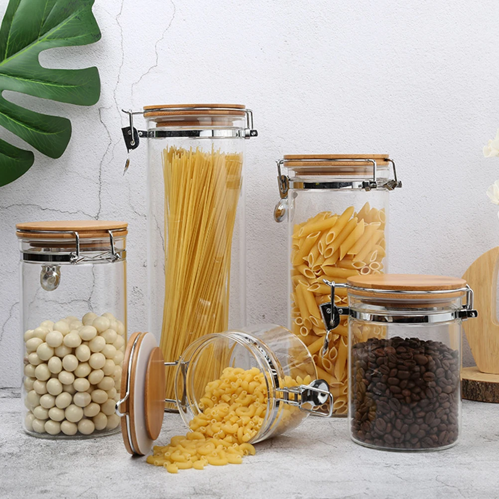 

Sugar Container Glass Jar Storage Jars Containers Candy Vacuum Bamboo Food Kitchen Canisters