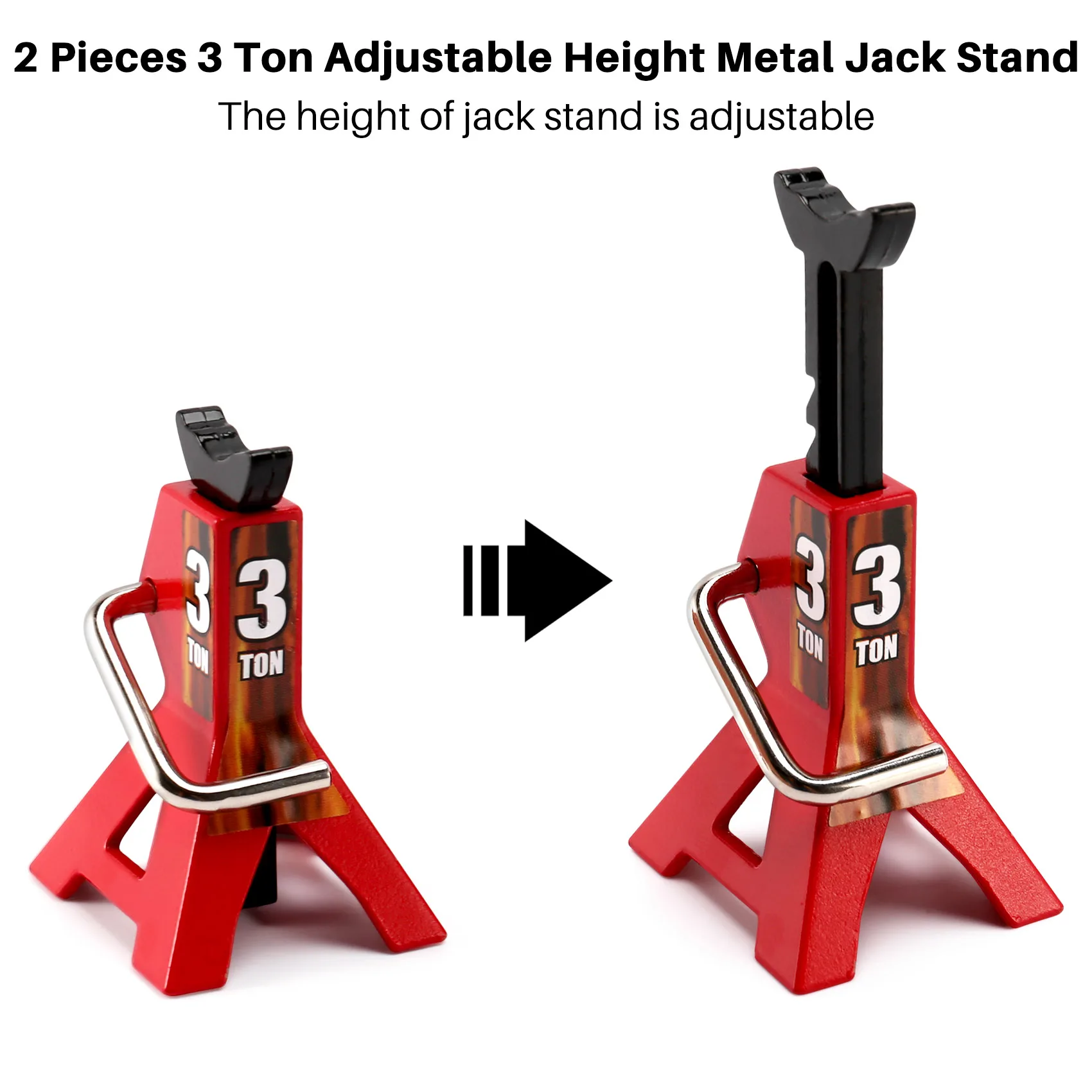 2 pçs metal 3 ton simulado jack altura ajustável suporte de reparo para 1/10 trx4 d90 cc01 rc carro escalada vermelho (modelo brinquedo)