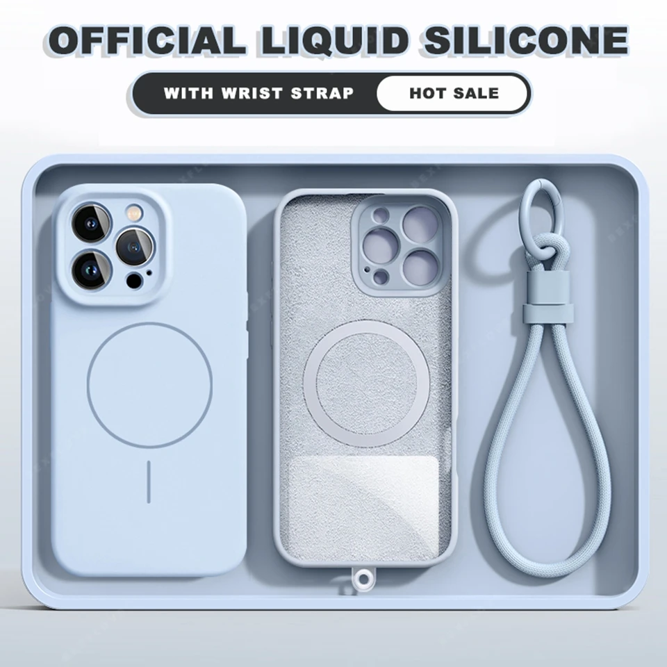 

Liquid Silicone Magnetic Wrist Strap Phone Case For iPhone 16E 15 14 16 Plus 11 12 13 16 Pro Max Magsafe Lanyard Protector Cover