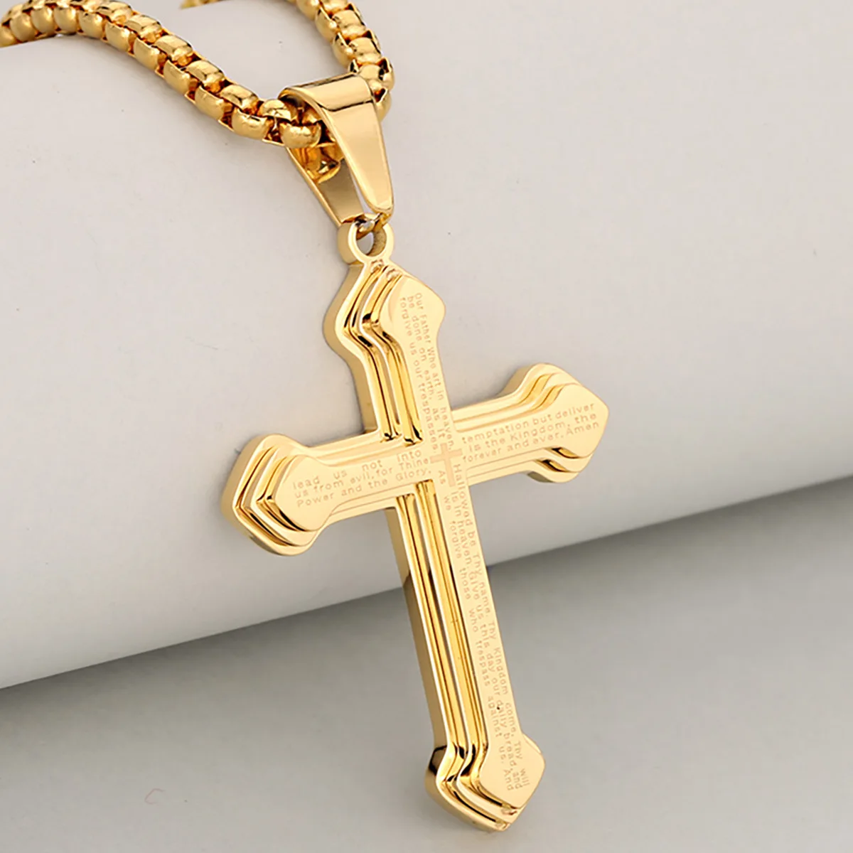 

Layered Design Stainless Steel Gold-Plated Three-Layer Cross Scripture Pendant Necklace For Men And Women, 3D Stylish & Chic