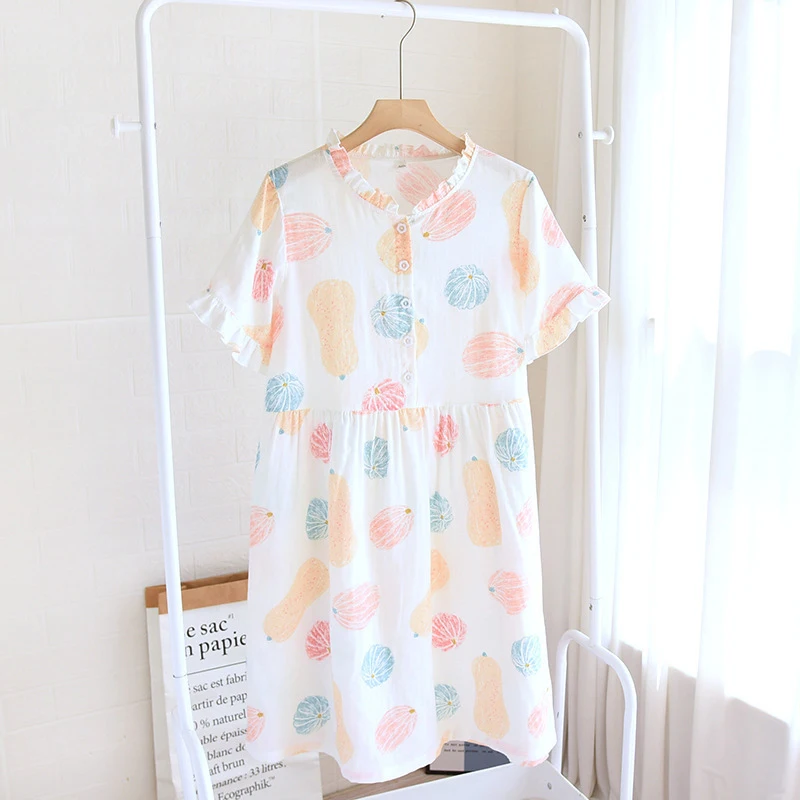Women Summer Thin Night-clothes Korean 2024 New Casual O-Neck Short Sleeved Pajama Female Loose Print Mid-length Home Nightdress