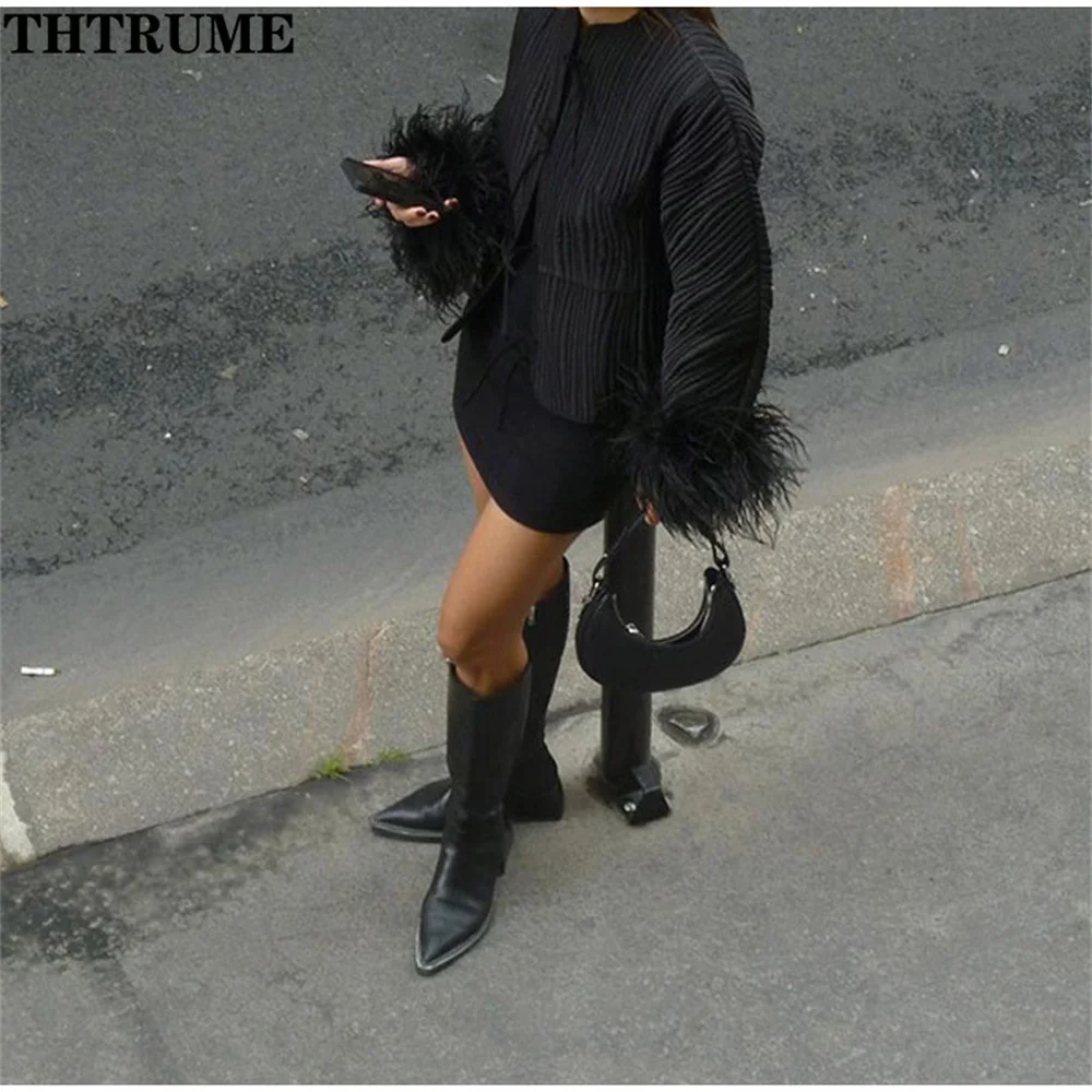 2024 New Autumn Jackets Fashion Women Solid Spliced Feather Cuffs Lace Up O-Neck Coats Casual Long Sleeve Elegant Chic Coat