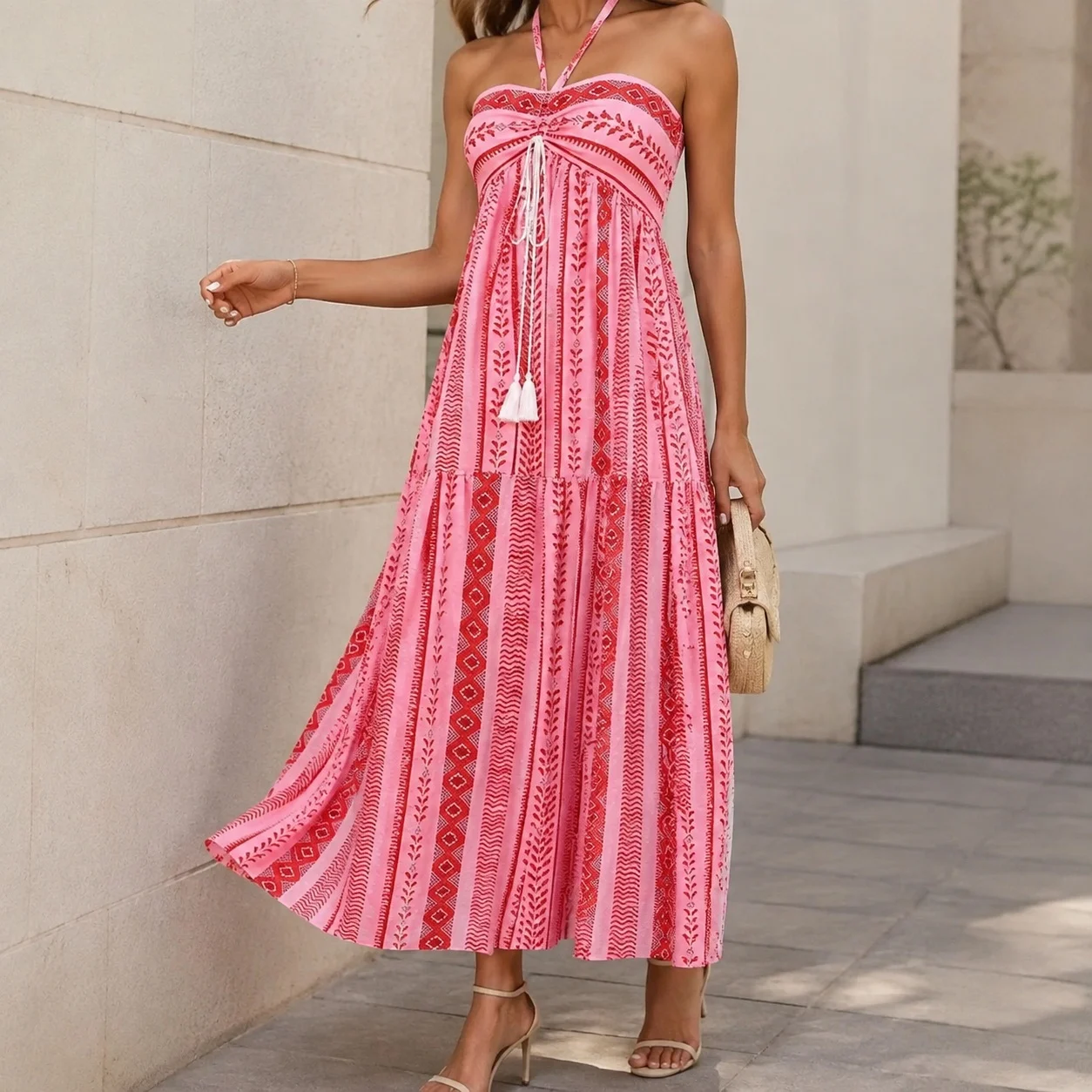 a Line Backless Dress with Private Celebrity Style High Waist Halter Neck Sleeveless Midi Length Travel Spring Beach Women Dress