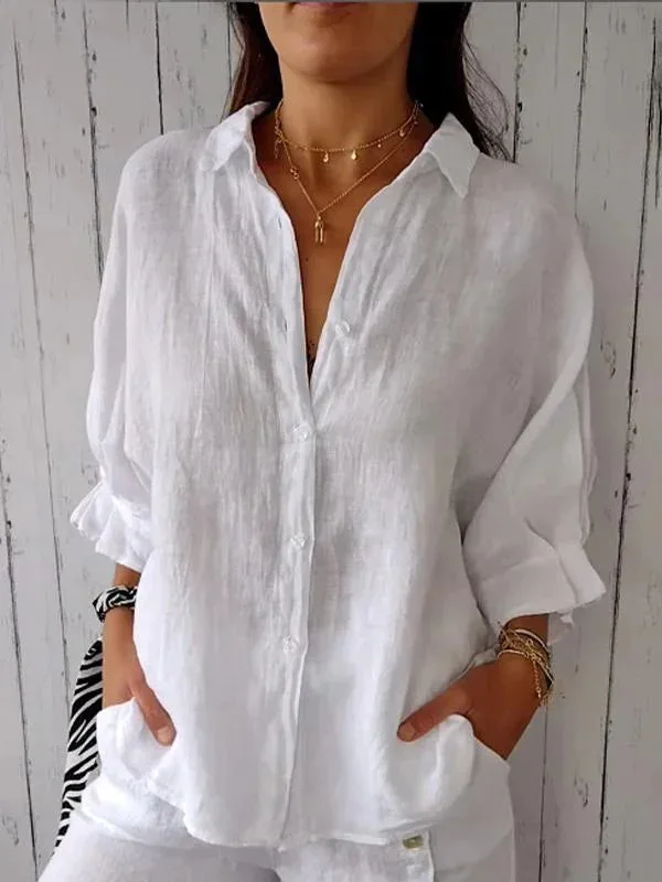 

Cotton and linen back lace up design long sleeved loose fitting shirt