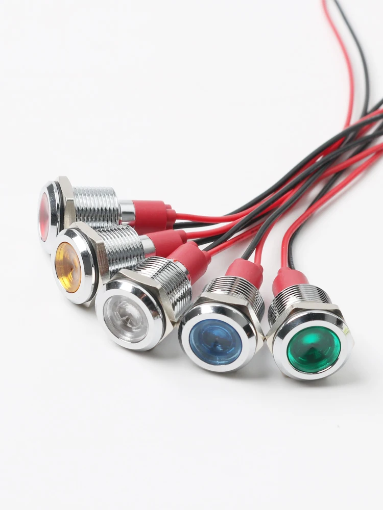 Indicateur lumineux LED en métal de 12mm, signal lumineux étanche avec alimentation par fil, rouge vert jaune bleu blanc