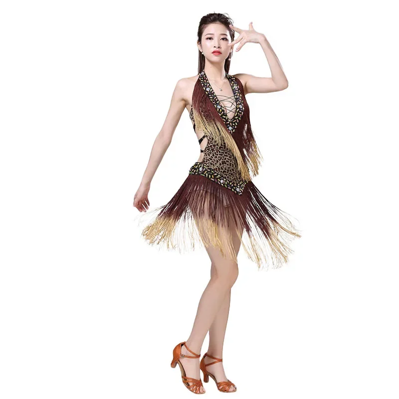 New adult women ballroom dance dress Samba costumes for women sexy leopard print salsa dresses with tassels Latin dress uy212