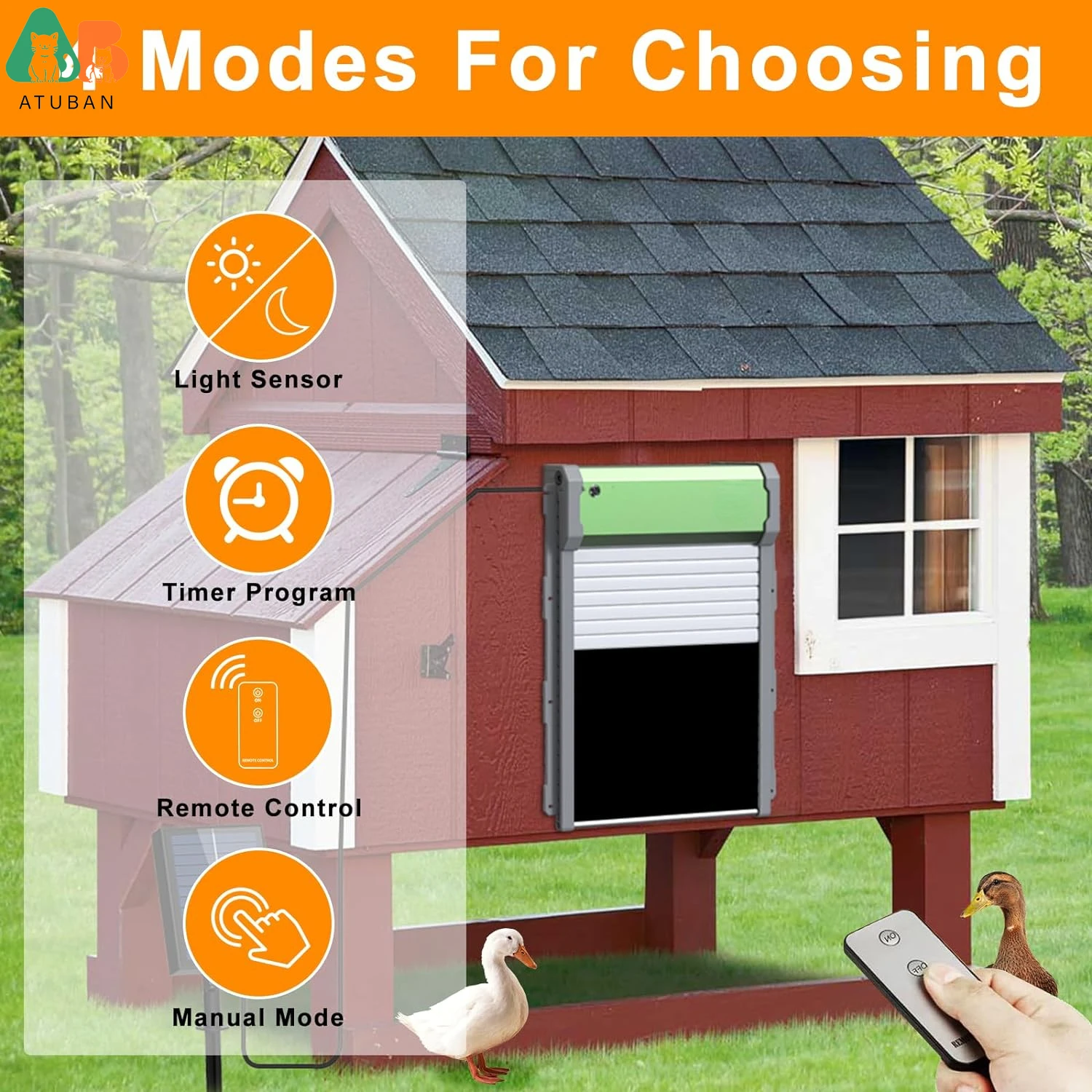 Imagem -04 - Atuban-porta Automática do Galinheiro Solar Powered Temporizador Programável Modos com Sensor de Luz Controle Remoto