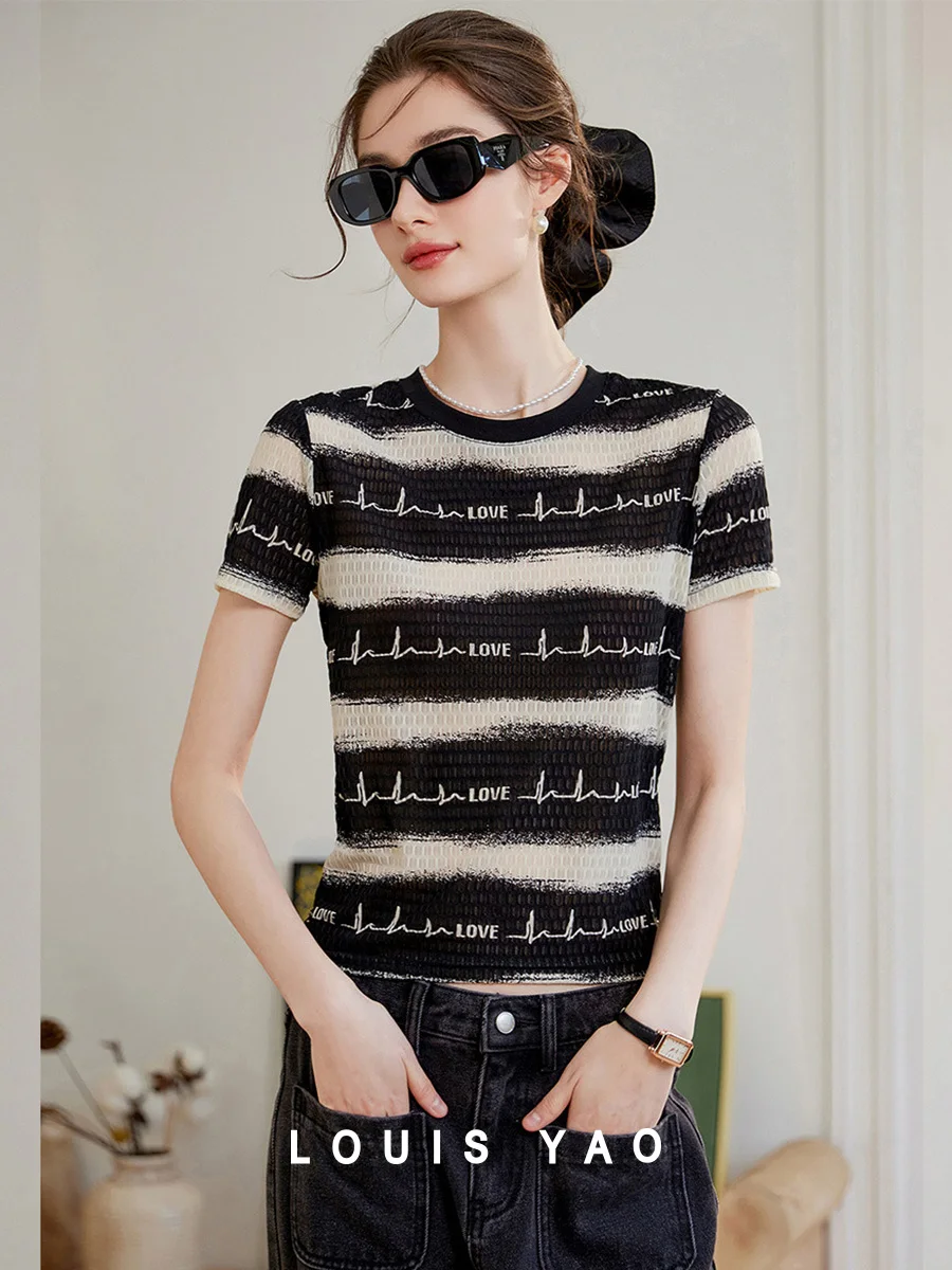 

LOUIS YAO 2025 Summer Striped Pullover Short Sleeved T-shirt Fashion Casual Contrasting Letters Micro Elastic Women's T-shirt
