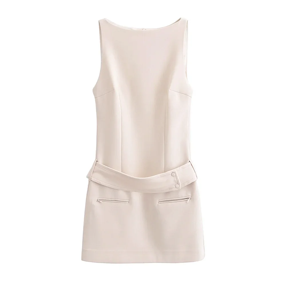 2024 Summer New Women's Fashion Style Tight Round Neck Sleeveless Belt Short Dress
