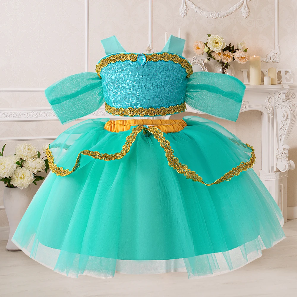 Baby Girls Jasmine Fashion Dress Girl Cosplay Dresses Kids Summer Evening Prom Gown Tutu Clothes Toddler 1st Birthday Costumes