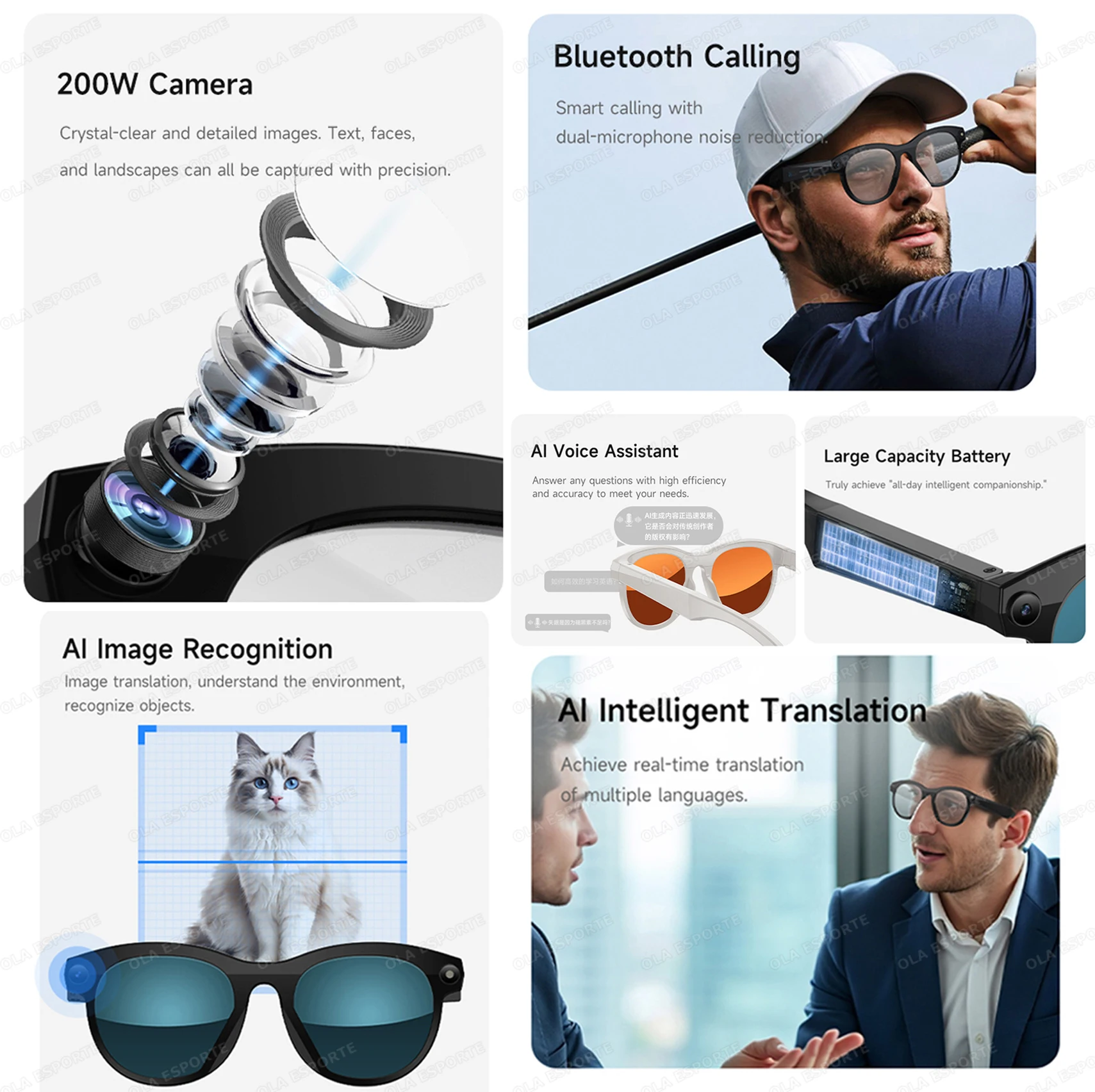 Nuevas gafas inteligentes Bluetooth llamada 200w cámara HD grabación de vídeo gafas de sol traducción en tiempo Real gafas AI reuniones y viajes